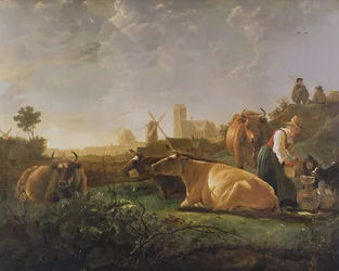 A Distant View of Dordrecht with Sleeping Herdsman and Five Cows (
