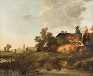 A Drover and Milkmaid Standing Beside Cattle, with a View to a Town in the Distance