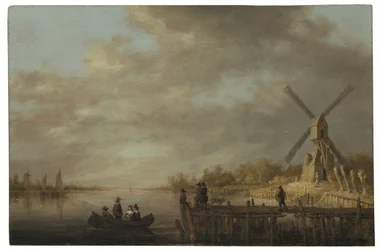 A River Landscape with a Windmill and Gentlefolk in a Rowing Boat and on a Jetty in the Foreground