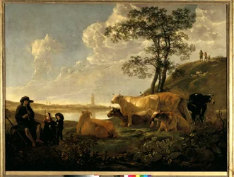 Landscape near Rhenen: grazing cows and shepherd playing flute