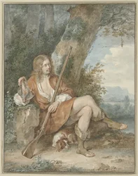 Resting Hunter with Musket and Partridge by a Tree