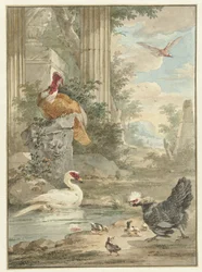 Turkey and Other Birds near Classical Ruins in a Park