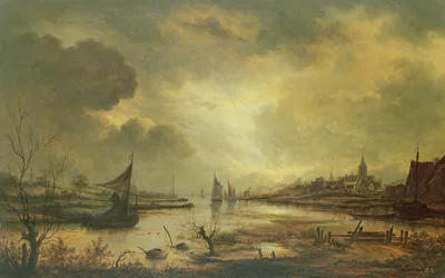 Dutch Town on a River by Moonlight
