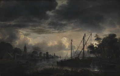 River Landscape in Moonlight