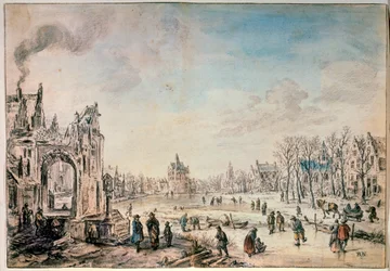 Winter Landscape with Skaters, Dutch painting of the 17th century