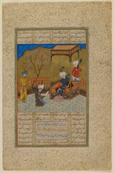 Folio from a Khamsa (Quintet) by Amir Khusraw Dihlavi; Amir Khusraw Presents a Book of Poetry to Alauddin Khalji, Balkh, Afghanistan, Safavid period, 1503-04