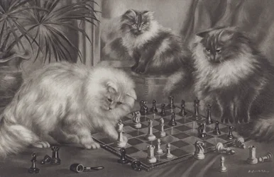 Group of cats playing with chess pieces