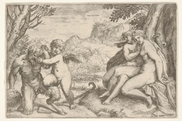 Love Conquers All, in a struggle with a satyr Amor places his right kn...