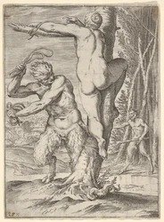 Satyr whipping a nymph, who is shown from behind and bound to a tree, a second satyr..., ca. 1590-95