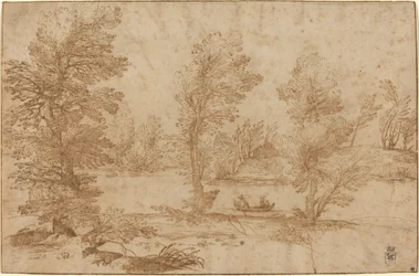 Woodland River with a Boat