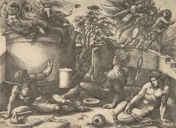 Cain Holding a Mirror Watching His Sacrifice Engulfed in Flames, Adam and Eve Seated