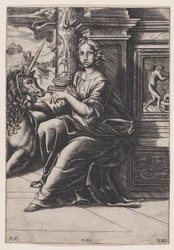 Chastity, a woman seated, a unicorn to her right