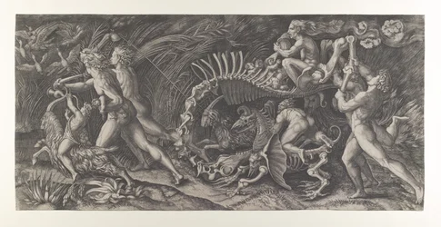 Lo Stregozzo: a female witch riding on an animal skeleton, preceded by two men