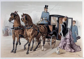 Coupe reached of English horses. Print by Albert Adam (1874) Paris, Musee Carnavalet