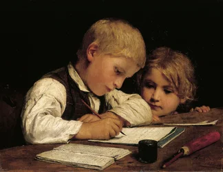 A Boy Writing with His Little Sister