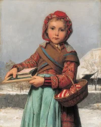 Schoolgirl with Slate and Sewing Basket. 1878