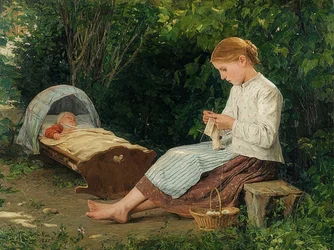 Knitting Girl, Watching a Toddler in the Cradle. 1885