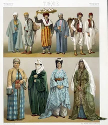 19th century Turkish costumes. Illustration in 
