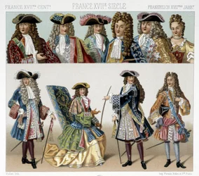 Costumes and Hairstyles of the French Nobility in the 18th Century. Illustration in 