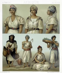 Costumes and Headdresses of Kabyl Women (Top). Tunisian and Algerian Costumes (Bottom). Illustration in 