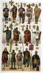 Costumes, armor and weapons of Roman soldiers, warriors and gladiators of antiquity - in 