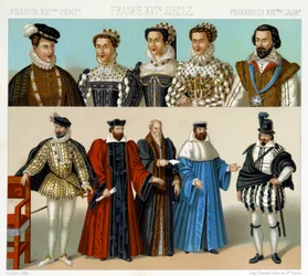 Costumes of nobles and magistrates in France in the 17th century. Chromolithographic plate - in Le costume historique by Racinet