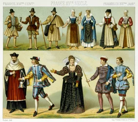 Costumes of the Nobility and Popular Costumes of France in the 16th Century. Chromolithographic Plate - in 