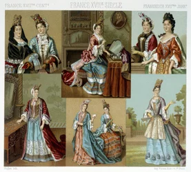 Fashion and hairdressing in France in the 18th century - in Le costume historique by Racinet, late 19th century
