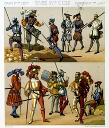 French military costumes in the 16th century. Chromolithographic plate - in Le costume historique by Racinet