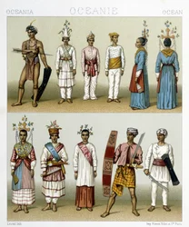 Inhabitants of the Celebes Islands in Indonesia. Illustration in “Le Costume Historique” by Racinet