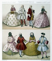 Men and women wearing fashionable 18th century costumes in France. Illustration in 