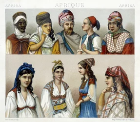 Traditional costumes and headdresses of men and women in Algeria. Illustration in “Le costume historique” by Racinet