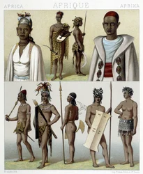 Traditional costumes and jewellery from Timbuktu and Upper Nile. Illustration in 