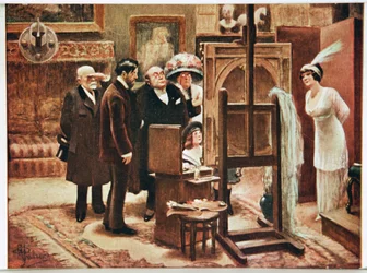 Fine Arts. Painter showing his creation. Postcard by Alfred Guillaume, France, c.1920
