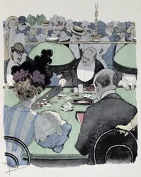 Couple at a game table - drawing by Guillaume, late 19th century