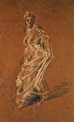 Study of a girl stepping forward and wearing a long dress, c.1870