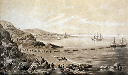 Installation of the first transatlantic telegraphic cable between Ireland and Canada (1857) engraving by Albert Kruger c.1870