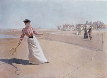 Amateur tennis match on the beach - drawing by Lynch, 20th century