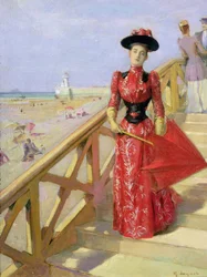 Woman Walking Down Steps on to a Beach