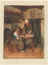 Interior with Woman Ironing and Child Sewing