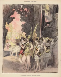 Backstage during a production of the Ballet des Insectes at the Theatre du Chatelet, Paris