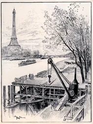 Beginning of construction work on the architectural reconstruction of Old Paris medieval, on the banks of the Seine, for the 1900 World
