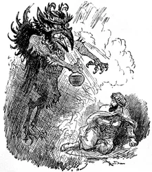 Illustration by Albert Robida of an Arab legend (1001 nights): a horrible demon presents a man with a bottle of wine. engraving of the book “Choix de lectures” Armand Colin 1926
