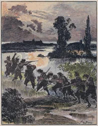 Illustration for Le Capitaine Bellormeau by and illustrated by A. Robida (color lithograph)