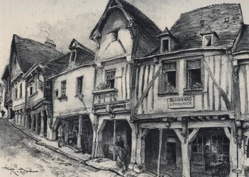 Rue Poterie at Fougeres in the department of Ille-et-Vilaine - La vieille France - La Bretagne - text, drawings and lithographs, by Albert Robida (1848-1926)