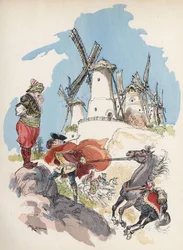 The Baron de Munchausen just crossed the Egyptian border is caught in a storm provoked by a big figure to make the 7 mills run. Illustration by Albert Robida - in 