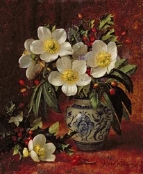 Still Life of Christmas Roses and Holly