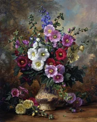 Hollyhocks in a China Vase