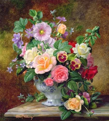 Roses, pansies and other flowers in a vase