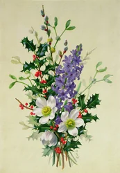 Spray of Dogrose, Holly, Mistletoe and Larkspur
